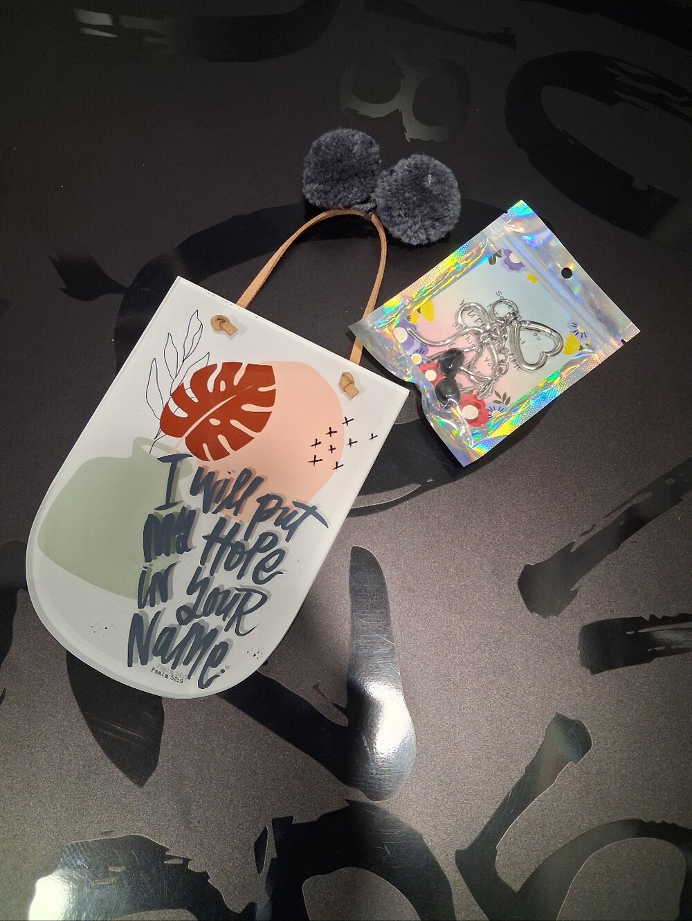 Botanical Wall Art Hanging with Gray Bag Charm Pom Accent - Neutral Colors
